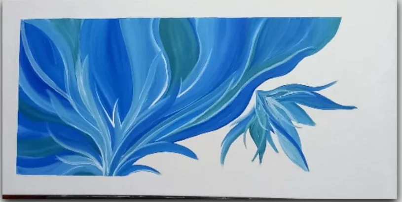 Blue leaves and a small blue flower on a white ground