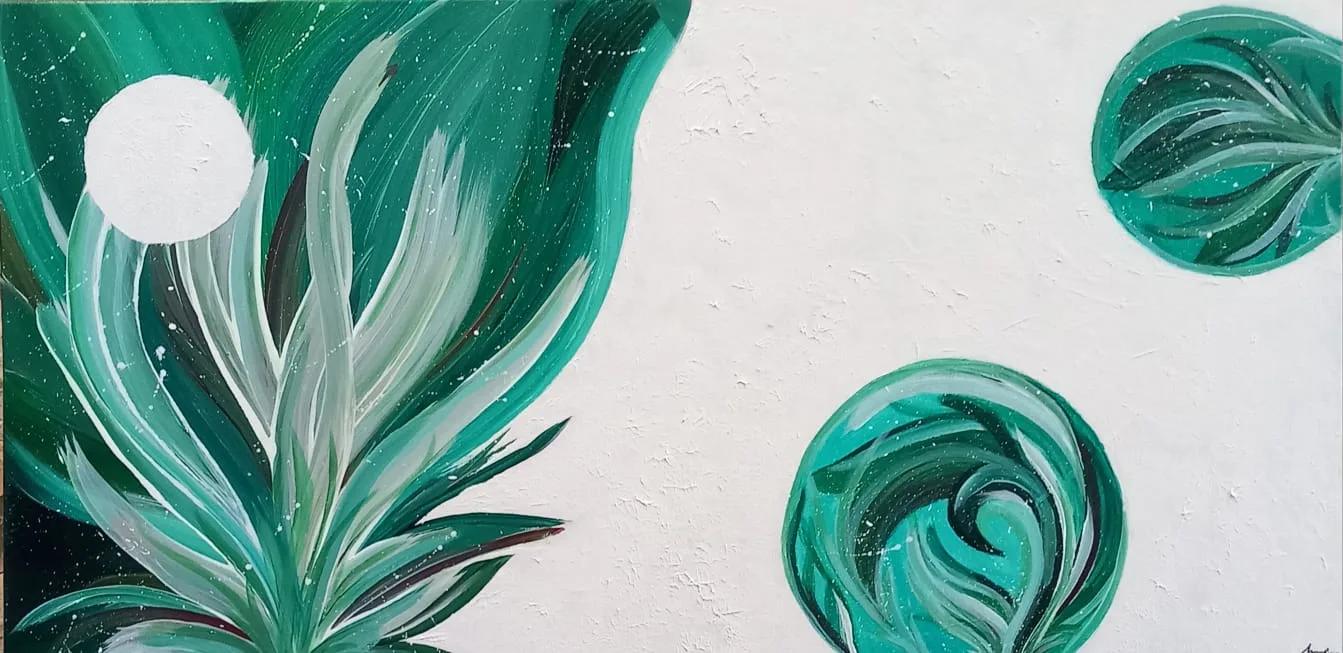 Green leaf and circles on a white ground