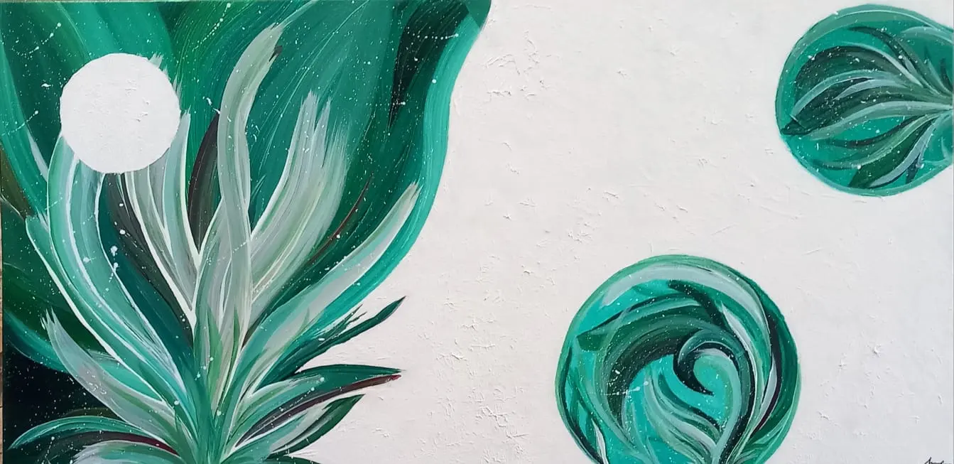 Green leaf and circles on a white ground