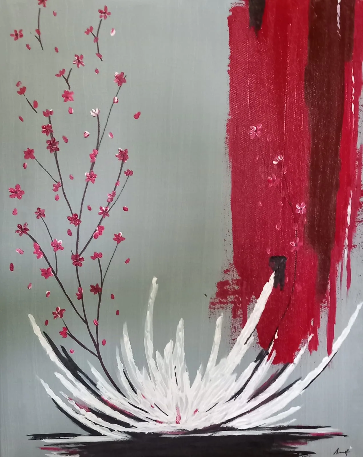 White spiky flower and pink blossom against a red stripe on grey