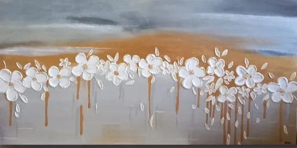 White textured flowers on a grey and gold landscape